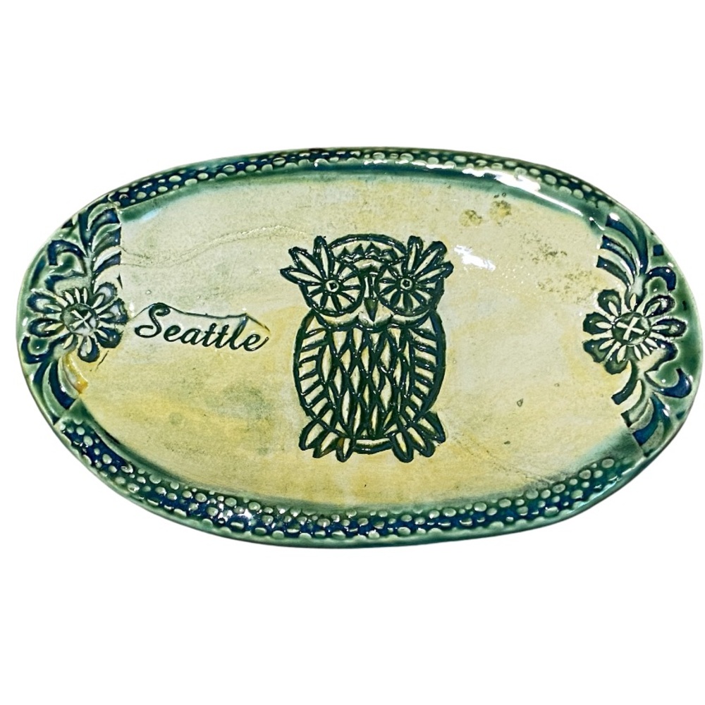 Vintage Handmade Seattle Owl Green and Yellow Ceramic Soap/Accent Dish